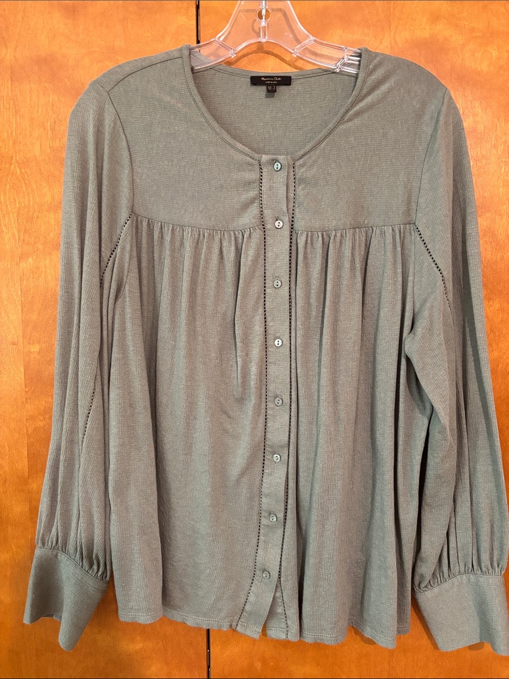 Massimo Dutti Sage Green Button-Front Gathered Blouse. S size